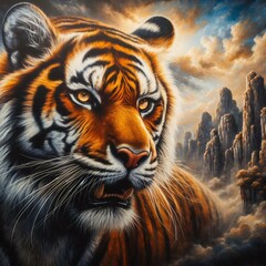 A painting of beautiful tiger on a background of stormy clouds and serene waters.