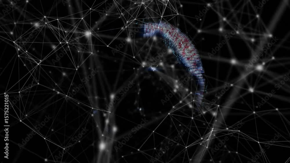 Poster glowing pixels coalescing, forming rotating globe representing data flow then dissolving into nodes
