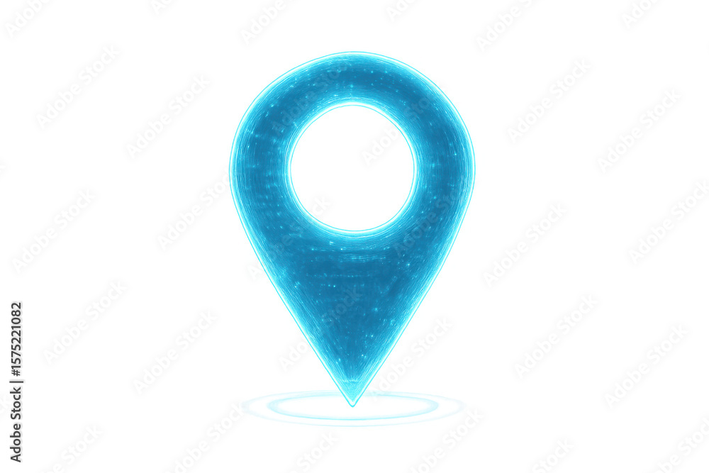Poster futuristic glowing blue location pin marking a position, featuring a transparent background for vers