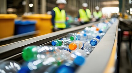Workers Sorting Recyclable Plastic Bottles in a Modern Facility