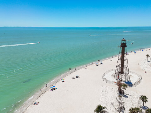 Beautiful beach day at Sanibel Island Lighthouse off the coast of Fort Myers in Lee County, southwest Florida
