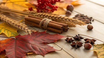 Autumn Still Life Cinnamon Sticks Maple Leaf Wheat and Star Anise
