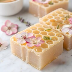 Pastel aesthetic meets nature—flower petals suspended in honeycomb wax, creating a dreamy, artisanal look perfect for eco-conscious beauty ads.