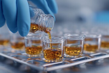 Pouring Liquid Samples in Laboratory Science Facility Experiment Setup Close-Up View Research Process