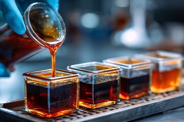 Pouring Dark Syrup into Glass Jars Culinary Workshop Food Photography Indoor Close-Up Sweetness Exploration