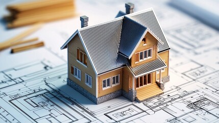 A miniature model of a two-story wooden house on a blueprint with architectural plans in the background.