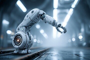 Robotic Arm in Industrial Workspace Futuristic Environment High-Tech Design Close-Up View