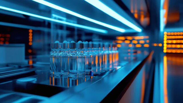 Transparent glass dropper bottles and small bottles with clear liquid arranged on reflective surface in futuristic laboratory with blue and orange lighting creating high tech atmosphere