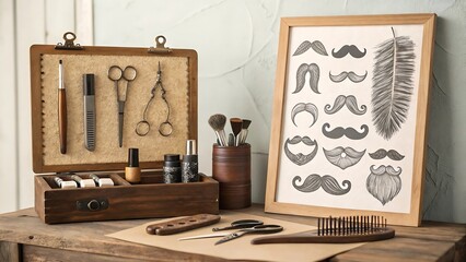 Vintage Barber Tools and Mustache Art Print on a Wooden Table