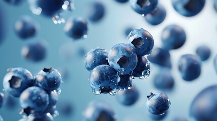 Blueberries floating in water against a gradient background.