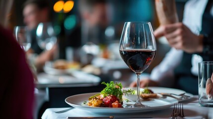 A plate of food with a glass of wine on a dining table in a restaurant.