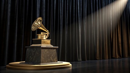 Golden Gramophone Award on Stage with Black Curtains and Spotlight