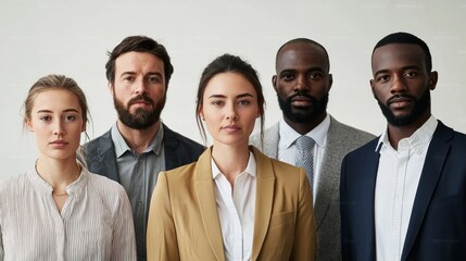 A diverse group of business professionals standing together in a studio setting.