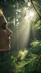 Serene forest retreat vibe—soft light filters through pine needles onto a calm face, evoking tranquility and natural wellness.
