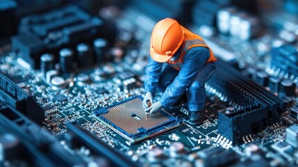 A miniature figure of a worker in a hard hat and safety vest, working on a computer motherboard with a blue and black circuit board in the background.