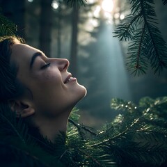 Serene forest retreat vibe—soft light filters through pine needles onto a calm face, evoking tranquility and natural wellness.