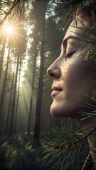 Serene forest retreat vibe—soft light filters through pine needles onto a calm face, evoking tranquility and natural wellness.