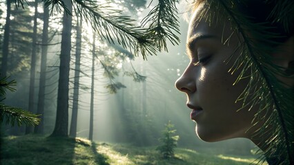 Serene forest retreat vibe—soft light filters through pine needles onto a calm face, evoking tranquility and natural wellness.