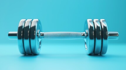 A metallic dumbbell on a blue background. The sports equipment concept of fitness and strength training is emphasized. The object is in focus, with a shallow depth of field blurring the background.