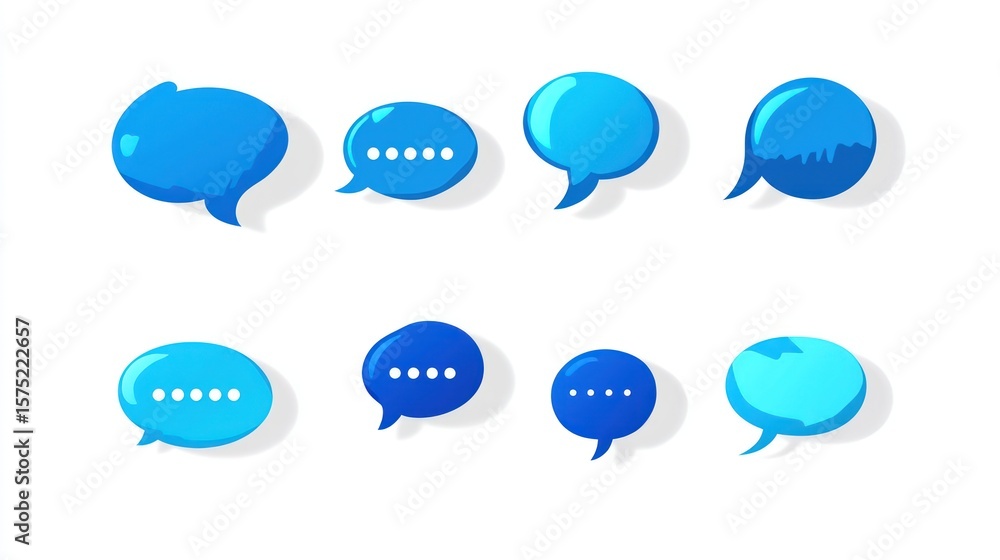 Fototapete a collection of eight varying blue speech bubbles with different shapes and content on white