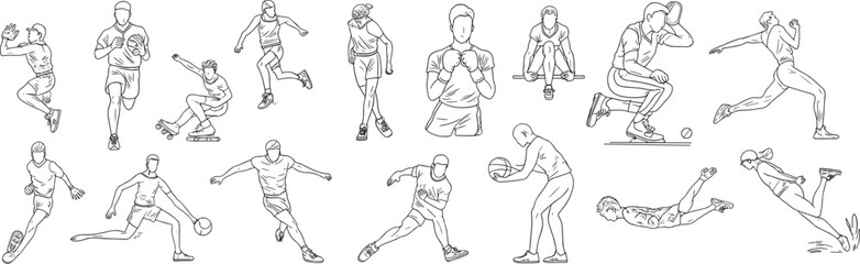Vector line drawing of athletes, diverse sports pose illustration, sketch workout figures, running jumping skating boxing soccer training collection