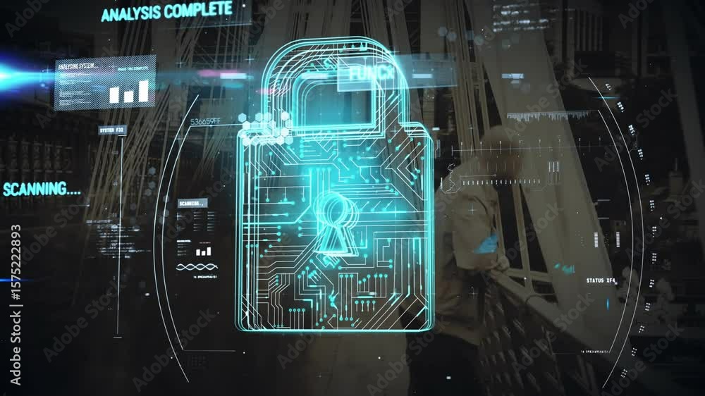 Aufkleber lock hologram appearing scanning animating graphs analyzing lifting shackle confirming security