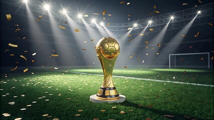 Golden Soccer Trophy on Field with Confetti and Stadium Lights