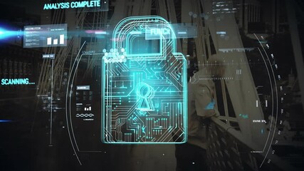 Lock hologram appearing scanning animating graphs analyzing lifting shackle confirming security - Powered by Adobe