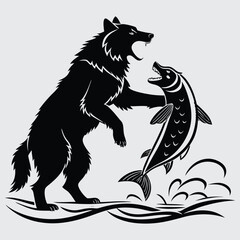 Wolf and bear fighting over a fish in a river  image silhouette design vector art and illustration