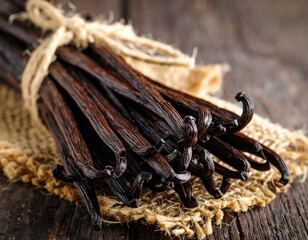 Dry Vanilla Pods Arranged in a Rustic Setting