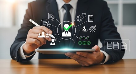 Human Resources Management with Digital Icons | Businessman Holding Tablet Presenting HR Functions for Recruitment, Performance, and Data Analysis