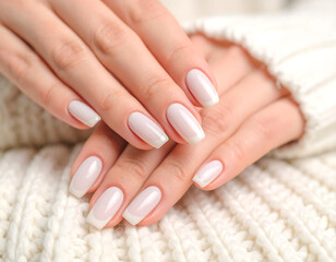 A close-up of elegantly manicured nails with a gradient white design, 