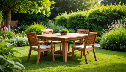 Outdoor patio with wooden table and chairs in the garden at sunset

