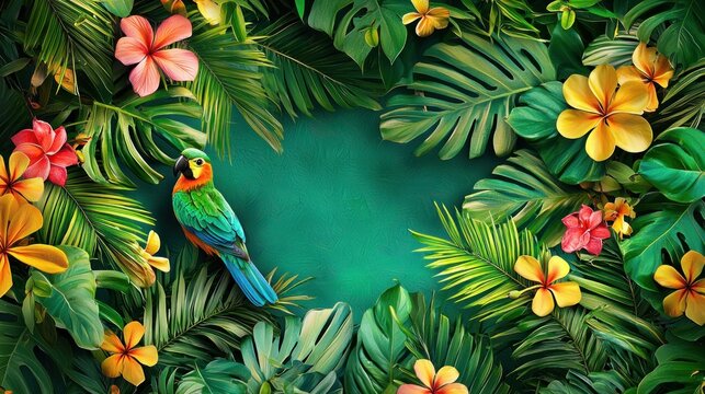 A vibrant tropical scene with a colorful parrot perched on a lush green palm frond, surrounded by vibrant flowers and tropical leaves.