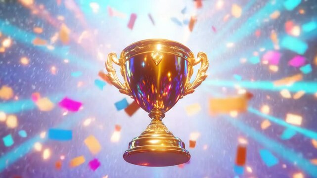 Golden trophy cup shining brightly with colorful confetti and radiant light beams celebrating victory and award prize in festive celebration full of shining golden light and joyful atmosphere