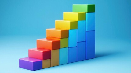 A colorful staircase made of toy blocks on a blue background.