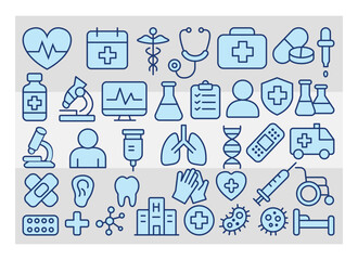 Healthcare Icon Set, Medical Icons Vector, linear icon collection, Containing emergency, doctor, treatment, medical, report, diagnosis, health, prevention,