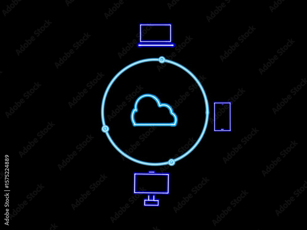 Poster cloud computing concept with a glowing neon blue cloud storage icon. seamlessly integrates with vari