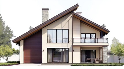 Fototapeta premium A modern, two-story house with a sloped roof, large windows, and a balcony. The house is painted in a light beige color with dark brown accents.