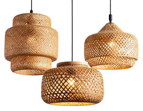 3 Rattan ceiling lamps, Elegant Wicker Ceiling lamps, light bulb isolated on transpar