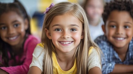 A young girl with long blonde hair smiling in a classroom setting with other children.