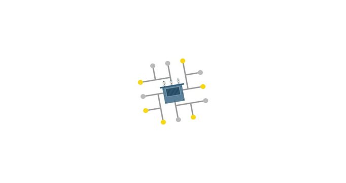 "Animated transformer icon depicting an electrical power transformer &ndash; representing energy transmission, voltage conversion, and power distribution. Ideal for use in industrial presentations, electric