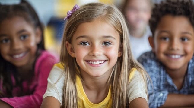 A young girl with long blonde hair smiling in a classroom setting with other children.