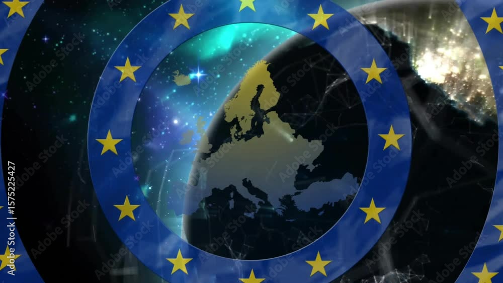 Poster on start, eu ring and globe rotating clockwise, network lines flickering demonstrating connectivity