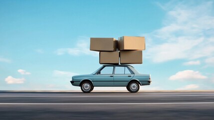 A car driving on a road with boxes on top.