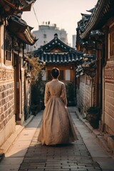 Naklejka premium A woman in traditional attire walks through a historic alleyway in an old district, surrounded by traditional architecture.
