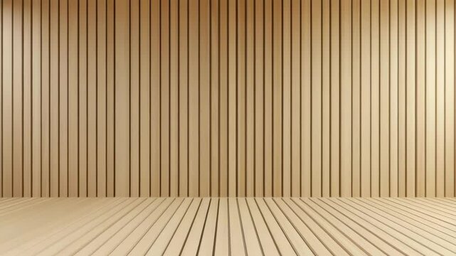 Wood wall and floor with vertical and horizontal slats creating warm modern interior space featuring natural light enhancing texture and pattern with clean lines and minimalist design