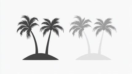 Two stylized palm trees on islands, in black and gray