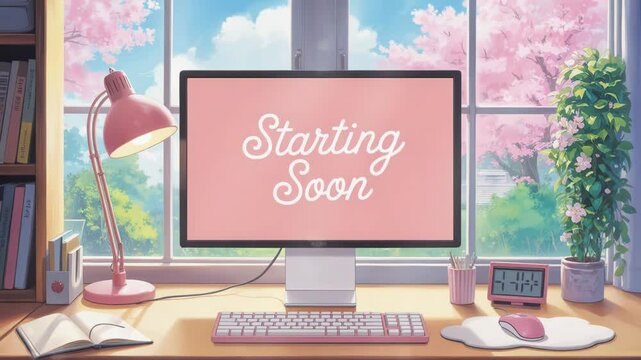 Springtime Stream Setup: Pink Aesthetic with Cherry Blossoms. Stream starting soon screen, overlay loop, animated virtual backgrounds, vtuber asset twitch zoom OBS.