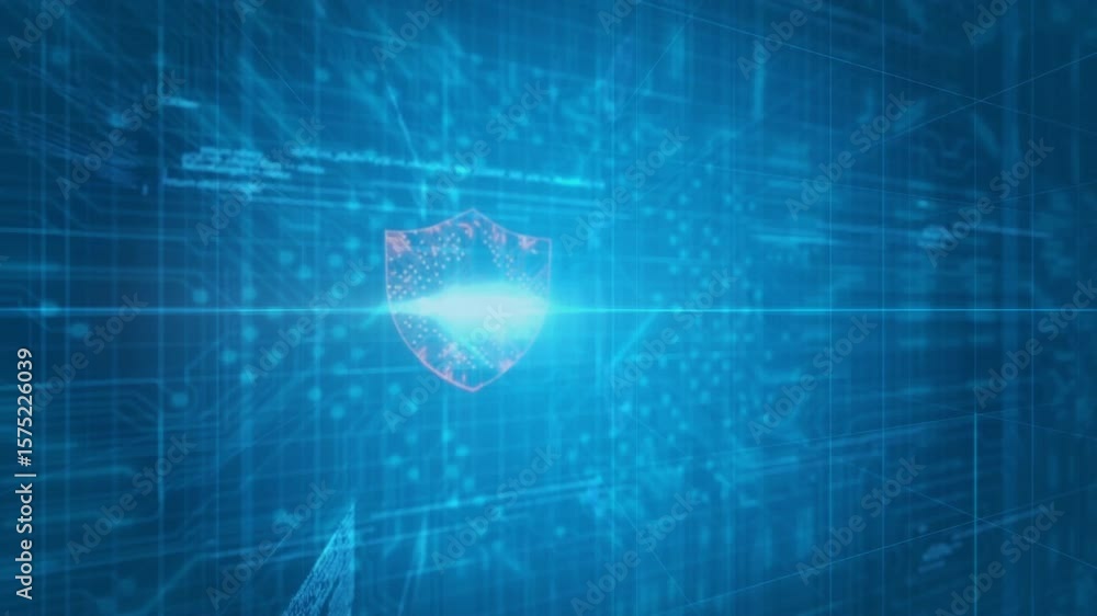 Poster bright light flaring starting shield icon emerging pulsing circuitry representing digital security
